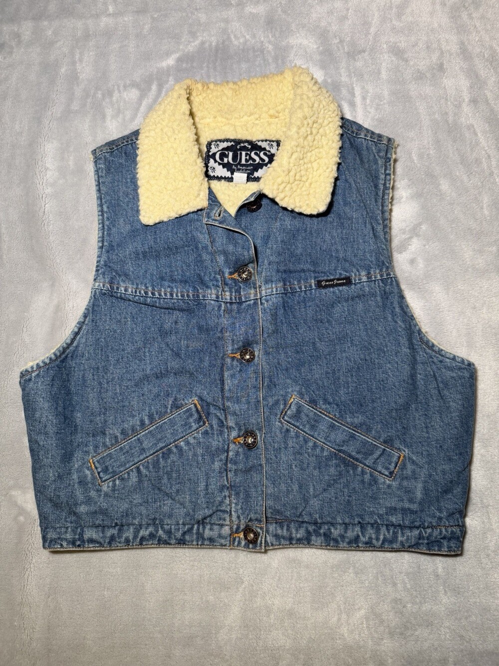 Vintage Guess Denim Sherpa Lined Vest Women’s Size Large 80s Retro Outdoor Exc.